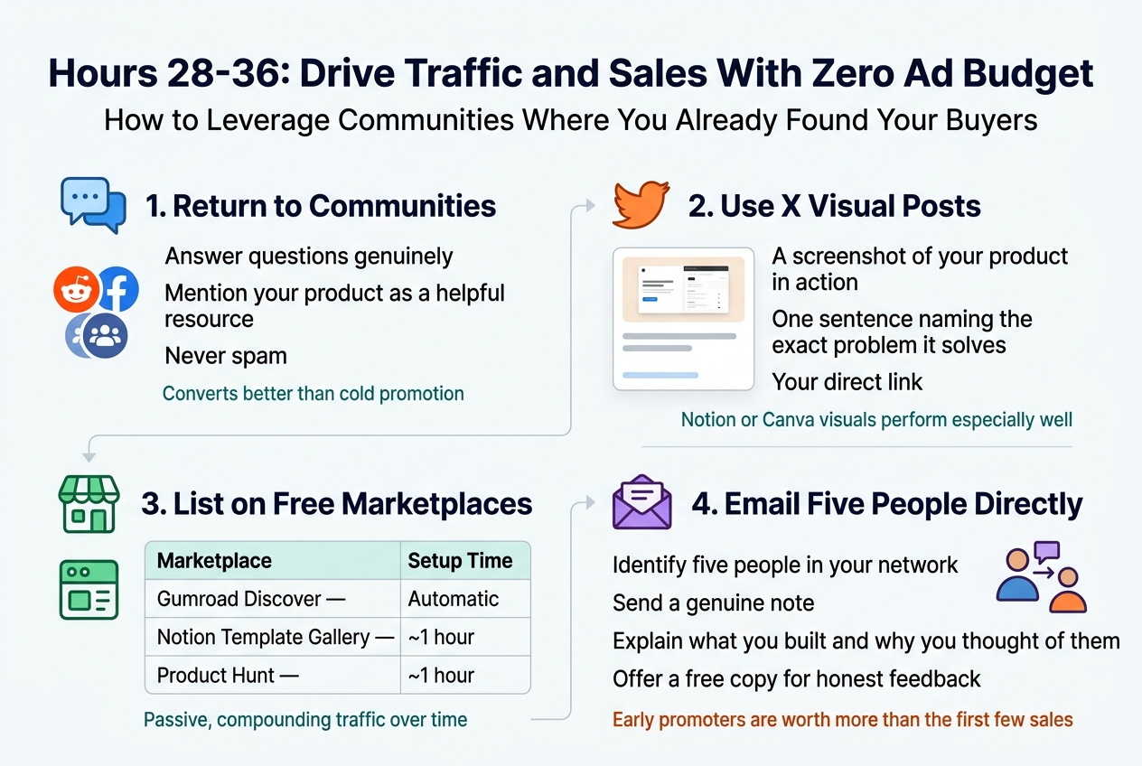 Create a clean, modern infographic illustration in a full-bleed 3:2 landscape layout with a bright white background, deep navy headings, teal and orange accent colors, and clear sans-serif typography.

Top header across the full width:
Bold title text: "Hours 28-36: Drive Traffic and Sales With Zero Ad Budget"
Smaller subtitle beneath: "How to Leverage Communities Where You Already Found Your Buyers"

Arrange the content in four wide horizontal sections or a 2x2 grid with generous spacing, not a narrow vertical stack.

Section 1 on the upper left:
Blue chat bubble icon and Reddit/Facebook-style community icons.
Heading: "1. Return to Communities"
Body text in short lines:
"Answer questions genuinely"
"Mention your product as a helpful resource"
"Never spam"
Small supportive label: "Converts better than cold promotion"

Section 2 on the upper right:
Orange X/Twitter bird icon and a visual post mockup card.
Heading: "2. Use X Visual Posts"
Include a small screenshot-style product card, a short text line, and a link line.
Body text:
"A screenshot of your product in action"
"One sentence naming the exact problem it solves"
"Your direct link"
Small note beneath in teal: "Notion or Canva visuals perform especially well"

Section 3 on the lower left:
Green marketplace/store icons with a compact table-style block.
Heading: "3. List on Free Marketplaces"
Show a simple 2-column mini table with exact text:
"Marketplace"
"Setup Time"
"Gumroad Discover — Automatic"
"Notion Template Gallery — ~1 hour"
"Product Hunt — ~1 hour"
Small footer note: "Passive, compounding traffic over time"

Section 4 on the lower right:
Purple email/envelope icon and a small person-to-person outreach illustration.
Heading: "4. Email Five People Directly"
Body text:
"Identify five people in your network"
"Send a genuine note"
"Explain what you built and why you thought of them"
"Offer a free copy for honest feedback"
Small emphasized line in orange: "Early promoters are worth more than the first few sales"

Add subtle connecting arrows or flow indicators between sections to show progression from community validation to visual posts, marketplaces, and direct outreach. Use clean iconography, strong hierarchy, and balanced spacing. Keep all text crisp, readable, and exactly as written.