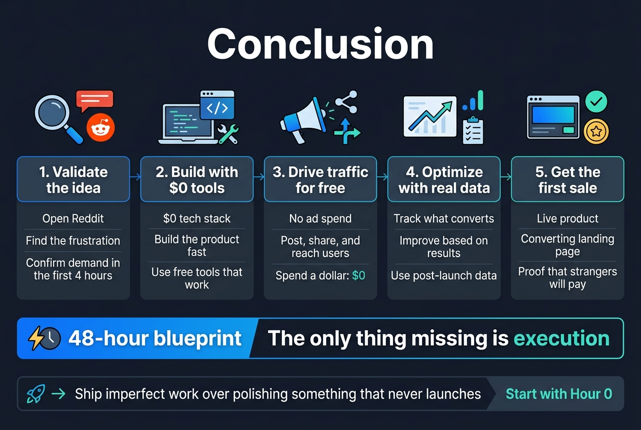 Create a clean, professional full-bleed infographic illustration in a 3:2 aspect ratio, using a wide horizontal layout with no poster frame and no centered vertical stack. Use a dark navy-to-charcoal background with electric blue, teal, and white accents, modern sans-serif fonts, and strong visual hierarchy.

At the top, place a large bold title in white: "Conclusion"

Below the title, arrange five wide horizontal sections across the canvas in a left-to-right flow with numbered blocks, connected by a thin line and subtle arrows. Use clear icons above each block.

Section 1 on the left: a magnifying glass icon and a red Reddit-style discussion icon. Include the text:
"1. Validate the idea"
"Open Reddit"
"Find the frustration"
"Confirm demand in the first 4 hours"

Section 2 next: a laptop, code, and free tools icon. Include the text:
"2. Build with $0 tools"
"$0 tech stack"
"Build the product fast"
"Use free tools that work"

Section 3 in the center: a megaphone, share, and traffic arrows icon. Include the text:
"3. Drive traffic for free"
"No ad spend"
"Post, share, and reach users"
"Spend a dollar: $0"

Section 4 next: a chart with upward line, analytics dots, and checklist icon. Include the text:
"4. Optimize with real data"
"Track what converts"
"Improve based on results"
"Use post-launch data"

Section 5 on the right: a live product window, checkmark, and coin/star icon. Include the text:
"5. Get the first sale"
"Live product"
"Converting landing page"
"Proof that strangers will pay"

Along the bottom, add a bold highlighted banner spanning the width with a split left-right emphasis. On the left, show a small lightning bolt and clock icon with the text:
"48-hour blueprint"
On the right, show a bold statement in white and teal:
"The only thing missing is execution"

Add a secondary bottom callout strip with an open-launch icon and a forward arrow, containing this exact text:
"Ship imperfect work over polishing something that never launches"
"Start with Hour 0"

Use crisp spacing, clean icons, subtle glow accents, and strong contrast. Keep all text legible, aligned, and organized into clearly separated blocks.