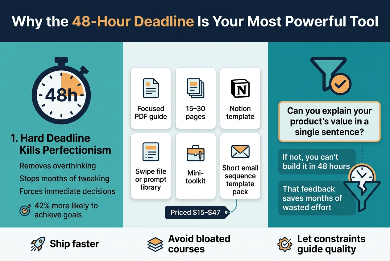 Create a clean, professional full-bleed infographic illustration in 3:2 aspect ratio with a wide horizontal layout, modern sans-serif typography, bold hierarchy, and a crisp business-style color palette of deep navy, teal, white, and warm orange accents.

Top full-width header bar with large bold title text: "Why the 48-Hour Deadline Is Your Most Powerful Tool"

Below the title, divide the design into three wide horizontal sections with clear visual separation and icons.

LEFT SECTION:
Large stopwatch icon with "48h" inside it.
Heading: "1. Hard Deadline Kills Perfectionism"
Subtext in short lines:
"Removes overthinking"
"Stops months of tweaking"
"Forces immediate decisions"
"42% more likely to achieve goals"
Use a small upward arrow or target icon next to "42% more likely to achieve goals".

CENTER SECTION:
Grid of five product cards with small icons, arranged in two rows, each card with a simple line icon and label:
"Focused PDF guide"
"15–30 pages"
"Notion template"
"Swipe file or prompt library"
"Mini-toolkit"
"Short email sequence template pack"
Add a small price tag label near the bottom of this section:
"Priced $15–$47"
Include a subtle shopping cart or dollar icon.

RIGHT SECTION:
Large filter/check icon with a single-line prompt in a highlighted box:
"Can you explain your product's value in a single sentence?"
Below it, two stacked short statements:
"If not, you can't build it in 48 hours"
"That feedback saves months of wasted effort"
Add a broken clock or funnel icon to show weak ideas being filtered out.

At the bottom, include a thin summary band across the full width with three compact callout blocks and icons:
"Ship faster"
"Avoid bloated courses"
"Let constraints guide quality"

Use strong contrast, clear spacing, clean alignment, subtle shadows on cards, minimal decorative lines, and a polished infographic style. Keep all text legible and exact as written.
