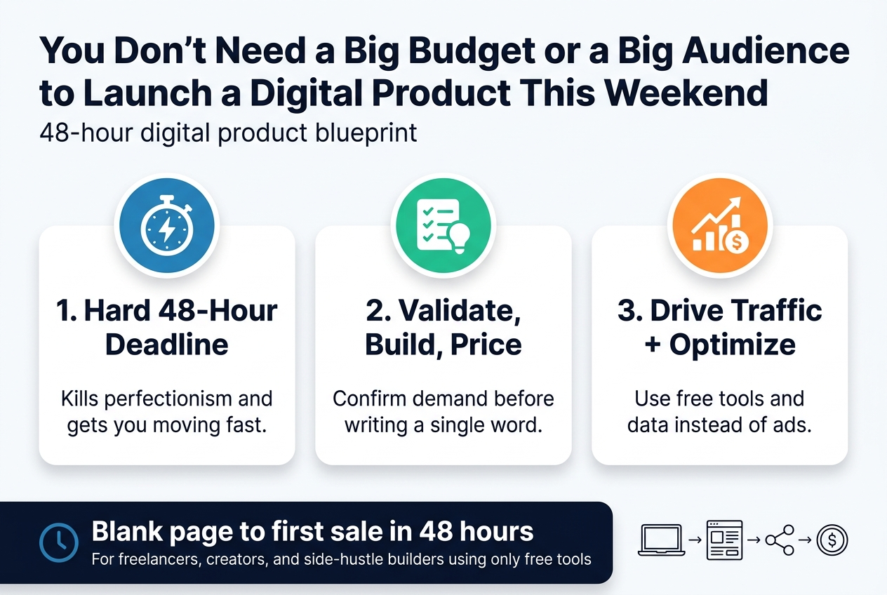 Create a clean, professional infographic illustration in a full-bleed 3:2 aspect ratio with a modern startup aesthetic, white background, deep navy text, teal and orange accent colors, bold sans-serif typography, and clear visual hierarchy.

Top full-width header bar: large bold title text, centered-left, exact text: "You Don't Need a Big Budget or a Big Audience to Launch a Digital Product This Weekend" with a small subtitle beneath in lighter weight text: "48-hour digital product blueprint"

Main layout: wide horizontal three-column section across the center, each column inside a rounded rectangle block with a simple icon at the top and numbered heading.

Left column:
Blue circular icon with a stopwatch and lightning bolt.
Bold heading text: "1. Hard 48-Hour Deadline"
Short body text below: "Kills perfectionism and gets you moving fast."

Center column:
Green circular icon with a checklist and lightbulb.
Bold heading text: "2. Validate, Build, Price"
Short body text below: "Confirm demand before writing a single word."

Right column:
Orange circular icon with a growth chart and dollar sign.
Bold heading text: "3. Drive Traffic + Optimize"
Short body text below: "Use free tools and data instead of ads."

Bottom full-width callout band with a subtle dark navy background and white text. Include a small clock icon on the left and a bold statement:
"Blank page to first sale in 48 hours"
Smaller line beneath: "For freelancers, creators, and side-hustle builders using only free tools"

Add a bottom-right small visual cluster of simple line icons: laptop, product page, social share, and coin, arranged horizontally with thin connector arrows.

Style details: clean grid, balanced spacing, no vertical poster layout, no clutter, no decorative borders, strong contrast, crisp flat vector shapes, soft shadows, minimal gradients, professional infographic design.