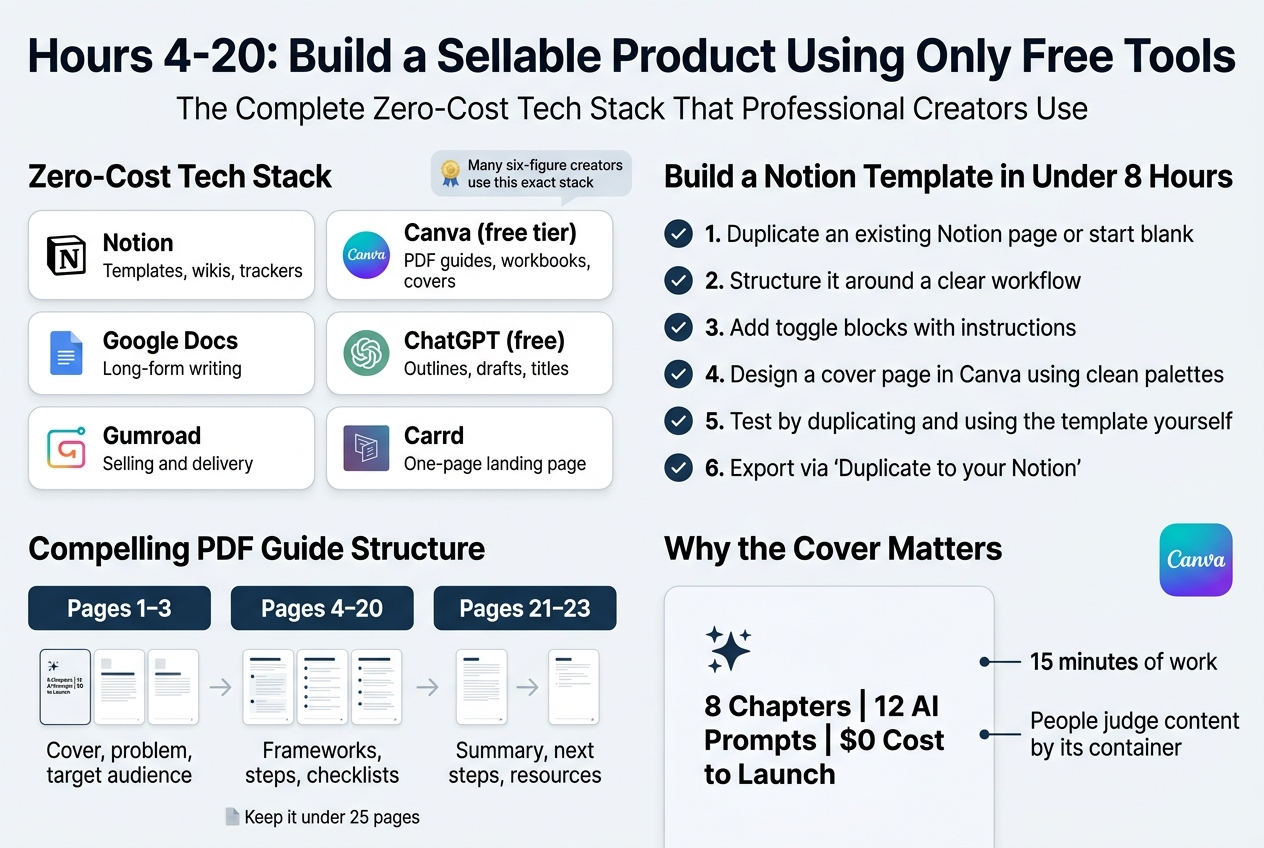 Create a clean professional infographic in 3:2 aspect ratio with a full-bleed layout, wide horizontal sections, no poster frame, no narrow centered stack. Use a modern SaaS style with white background, navy and teal accents, light gray dividers, and bold sans-serif typography.

Top header across the full width: large bold title text: "Hours 4-20: Build a Sellable Product Using Only Free Tools" with a smaller subtitle beneath: "The Complete Zero-Cost Tech Stack That Professional Creators Use".

Main upper-middle section in two columns:
Left column titled "Zero-Cost Tech Stack" with six rounded cards and simple icons beside each tool:
"Notion" — "Templates, wikis, trackers"
"Canva (free tier)" — "PDF guides, workbooks, covers"
"Google Docs" — "Long-form writing"
"ChatGPT (free)" — "Outlines, drafts, titles"
"Gumroad" — "Selling and delivery"
"Carrd" — "One-page landing page"
Add a small badge near this section: "Many six-figure creators use this exact stack".

Right column titled "Build a Notion Template in Under 8 Hours" with a numbered vertical checklist using checkmark icons:
"1. Duplicate an existing Notion page or start blank"
"2. Structure it around a clear workflow"
"3. Add toggle blocks with instructions"
"4. Design a cover page in Canva using clean palettes"
"5. Test by duplicating and using the template yourself"
"6. Export via 'Duplicate to your Notion'"

Lower-left section titled "Compelling PDF Guide Structure" shown as a horizontal page-sequence graphic with three grouped blocks:
"Pages 1–3" — "Cover, problem, target audience"
"Pages 4–20" — "Frameworks, steps, checklists"
"Pages 21–23" — "Summary, next steps, resources"
Add a small note below: "Keep it under 25 pages"
Include small visual markers of page thumbnails.

Lower-right section titled "Why the Cover Matters" with a large mock cover card and a sparkle/star icon. Show the cover card text exactly:
"8 Chapters | 12 AI Prompts | $0 Cost to Launch"
Add two short callout lines beside it:
"15 minutes of work"
"People judge content by its container"
Include a small Canva-style cover template icon.

Use clear section headers, numbered blocks, thin arrows between steps, and simple flat icons. Maintain strong visual hierarchy, generous spacing, and crisp readable text throughout.