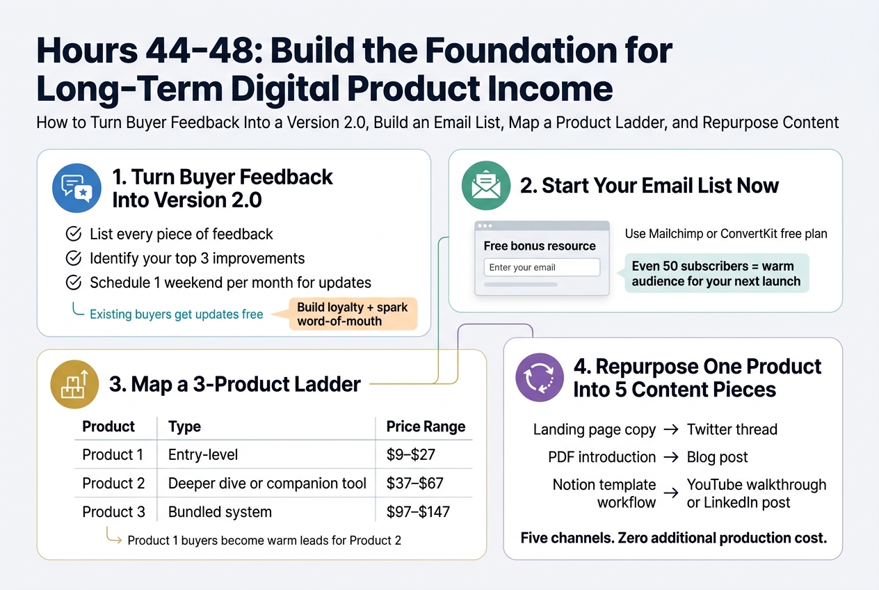 Create a full-bleed 3:2 infographic illustration in a clean modern editorial style, with a soft white background, dark navy text, teal and orange accent colors, subtle light-gray dividers, and bold sans-serif typography. Use a wide horizontal layout with four main content blocks across the canvas, not a vertical poster.

TOP HEADER: Place a large bold headline across the top center-left:
"Hours 44-48: Build the Foundation for Long-Term Digital Product Income"
Add a smaller subtitle beneath it:
"How to Turn Buyer Feedback Into a Version 2.0, Build an Email List, Map a Product Ladder, and Repurpose Content"

SECTION 1 on the upper left: a rounded rectangle block with a blue circular icon showing a speech bubble and star. Title:
"1. Turn Buyer Feedback Into Version 2.0"
Include three short bullet lines with checkmark icons:
"List every piece of feedback"
"Identify your top 3 improvements"
"Schedule 1 weekend per month for updates"
Add a small line below in teal:
"Existing buyers get updates free"
And a small orange callout:
"Build loyalty + spark word-of-mouth"

SECTION 2 on the upper middle-right: a rounded rectangle block with a green circular icon showing an email envelope. Title:
"2. Start Your Email List Now"
Include a simple landing page mockup card with text:
"Free bonus resource"
"Enter your email"
Add a small note below:
"Use Mailchimp or ConvertKit free plan"
Add a highlighted stat badge:
"Even 50 subscribers = warm audience for your next launch"

SECTION 3 across the lower left and center: a wider block with a gold circular icon showing stacked product boxes and an upward arrow. Title:
"3. Map a 3-Product Ladder"
Show a clean 3-row table with columns exactly labeled:
"Product"
"Type"
"Price Range"
Rows:
"Product 1 | Entry-level | $9–$27"
"Product 2 | Deeper dive or companion tool | $37–$67"
"Product 3 | Bundled system | $97–$147"
Add a small arrow line beneath the table:
"Product 1 buyers become warm leads for Product 2"

SECTION 4 on the lower right: a rounded rectangle block with a purple circular icon showing a recycle arrow and content nodes. Title:
"4. Repurpose One Product Into 5 Content Pieces"
Show a simple flow diagram with arrows and exact labels:
"Landing page copy → Twitter thread"
"PDF introduction → Blog post"
"Notion template workflow → YouTube walkthrough or LinkedIn post"
Add a bold closing line at the bottom of this block:
"Five channels. Zero additional production cost."

Add thin connecting lines or arrows between sections to suggest a growth system. Use small icons: feedback speech bubble, email envelope, product stack, recycle arrows. Keep the layout spacious, balanced, professional, and easy to read. No borders or framed poster edges.
