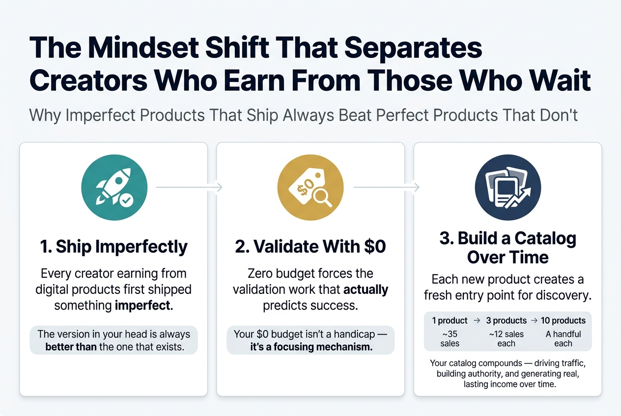 Create a full-bleed 3:2 infographic with a clean modern SaaS-style design, white background with deep navy text, teal and gold accents, and subtle light-gray dividers. Use bold sans-serif typography, clear hierarchy, and wide horizontal sectioning instead of a narrow centered stack.

Top across the full width: a large bold heading in dark navy, left-aligned:
"The Mindset Shift That Separates Creators Who Earn From Those Who Wait"

Directly beneath the heading, add a smaller subtitle in medium gray:
"Why Imperfect Products That Ship Always Beat Perfect Products That Don't"

Main body in three wide horizontal sections across the page, each with an icon and short text block:

1) Left wide section with a teal circular icon of a rocket and a small checkmark:
Bold subheading:
"1. Ship Imperfectly"
Body text:
"Every creator earning from digital products first shipped something imperfect."
Smaller emphasized line in a highlighted pill:
"The version in your head is always better than the one that exists."

2) Center wide section with a gold circular icon of a $0 budget tag and a magnifying glass:
Bold subheading:
"2. Validate With $0"
Body text:
"Zero budget forces the validation work that actually predicts success."
Smaller emphasized line in a highlighted pill:
"Your $0 budget isn't a handicap — it's a focusing mechanism."

3) Right wide section with a navy circular icon of stacked product cards and an upward growth arrow:
Bold subheading:
"3. Build a Catalog Over Time"
Body text:
"Each new product creates a fresh entry point for discovery."
Add a simple horizontal mini-chart below with three columns and numbers:
"1 product" → "~35 sales"
"3 products" → "~12 sales each"
"10 products" → "A handful each"
Small closing line beneath the chart:
"Your catalog compounds — driving traffic, building authority, and generating real, lasting income over time."

Include thin arrows or flow indicators moving left to right between the three sections to show progression: ship → validate → compound. Use subtle shadowed cards for each section, lots of spacing, and crisp infographic layout. No extra text beyond the exact quoted copy.