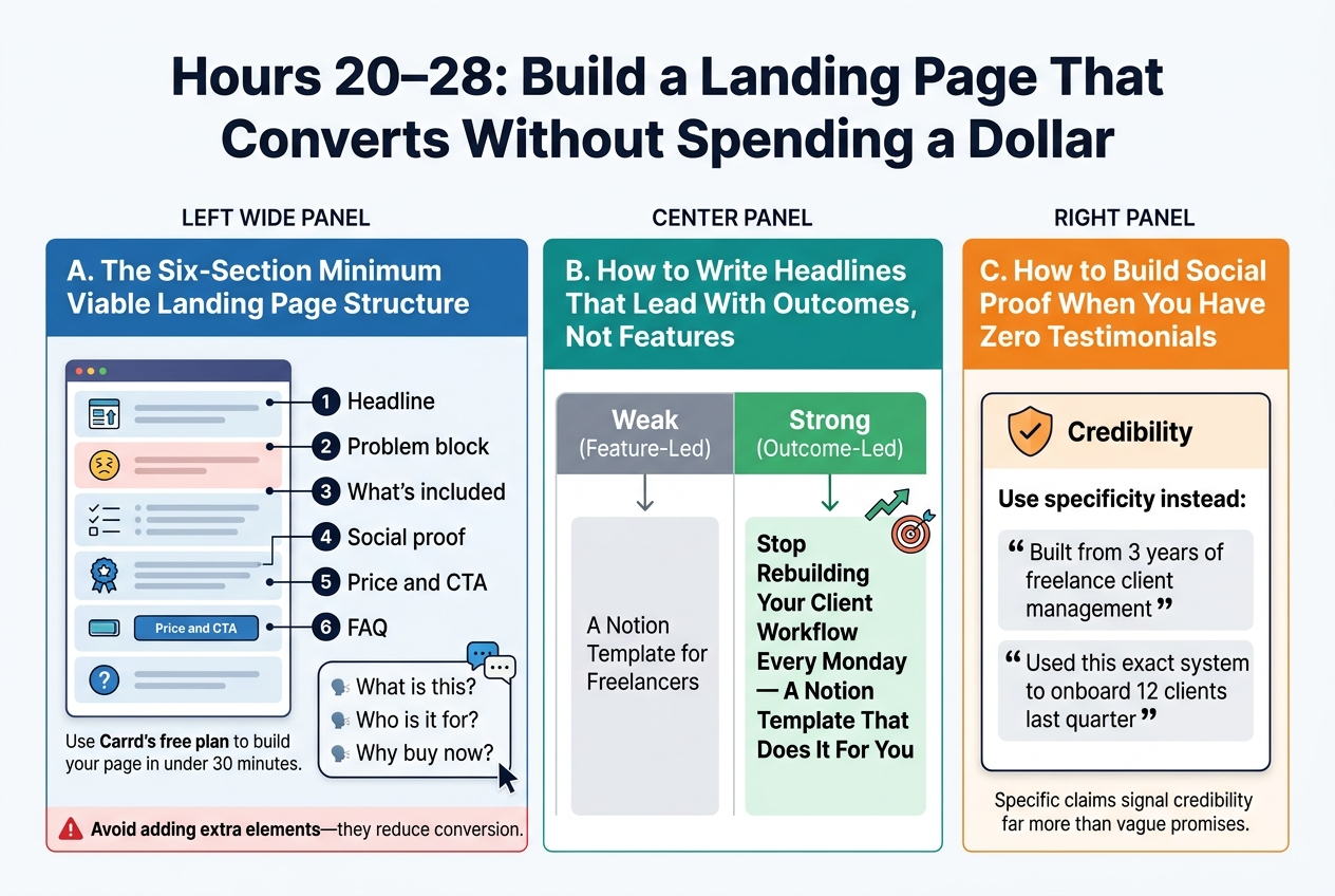 Create a full-bleed 3:2 landscape infographic illustration with a clean modern SaaS style, white background, navy and teal accents, orange highlights, bold sans-serif typography, clear spacing, and strong visual hierarchy.

Top center title in large bold text:
“Hours 20–28: Build a Landing Page That Converts Without Spending a Dollar”

Under the title, create three wide horizontal content blocks across the page, not a narrow vertical poster.

LEFT WIDE PANEL, titled in a blue header bar:
“A. The Six-Section Minimum Viable Landing Page Structure”
Add a small Carrd-style website mockup with six stacked horizontal sections, each with a simple icon and numbered label:
1. “Headline” — outcome icon
2. “Problem block” — frustrated face icon
3. “What’s included” — checklist icon
4. “Social proof” — badge icon
5. “Price and CTA” — button icon
6. “FAQ” — question mark icon

Include a small note beneath the mockup in bold:
“Use Carrd’s free plan to build your page in under 30 minutes.”

Add a three-question callout box with speech bubble icons:
“What is this?”
“Who is it for?”
“Why buy now?”

Add a warning strip at the bottom of the panel with a red accent:
“Avoid adding extra elements—they reduce conversion.”

CENTER PANEL, titled in a teal header bar:
“B. How to Write Headlines That Lead With Outcomes, Not Features”
Show a side-by-side comparison table with two columns and a downward arrow between them.

Left column header in muted gray:
“Weak (Feature-Led)”
Text in a pale card:
“A Notion Template for Freelancers”

Right column header in green:
“Strong (Outcome-Led)”
Text in a highlighted card:
“Stop Rebuilding Your Client Workflow Every Monday — A Notion Template That Does It For You”

Place a small upward trend arrow and target icon beside the strong headline.

RIGHT PANEL, titled in an orange header bar:
“C. How to Build Social Proof When You Have Zero Testimonials”
Show a credibility card with a shield/check icon and the bold subheading:
“Use specificity instead:”

Add two bullet callouts with quotation marks:
“Built from 3 years of freelance client management”
“Used this exact system to onboard 12 clients last quarter”

Add a bottom note in smaller text:
“Specific claims signal credibility far more than vague promises.”

Use icons throughout: landing page blocks, checklist, button, question mark, shield, checkmark, target, upward arrow, speech bubbles, and a small website cursor. Keep the layout wide, balanced, and easy to scan, with all text crisp and legible.