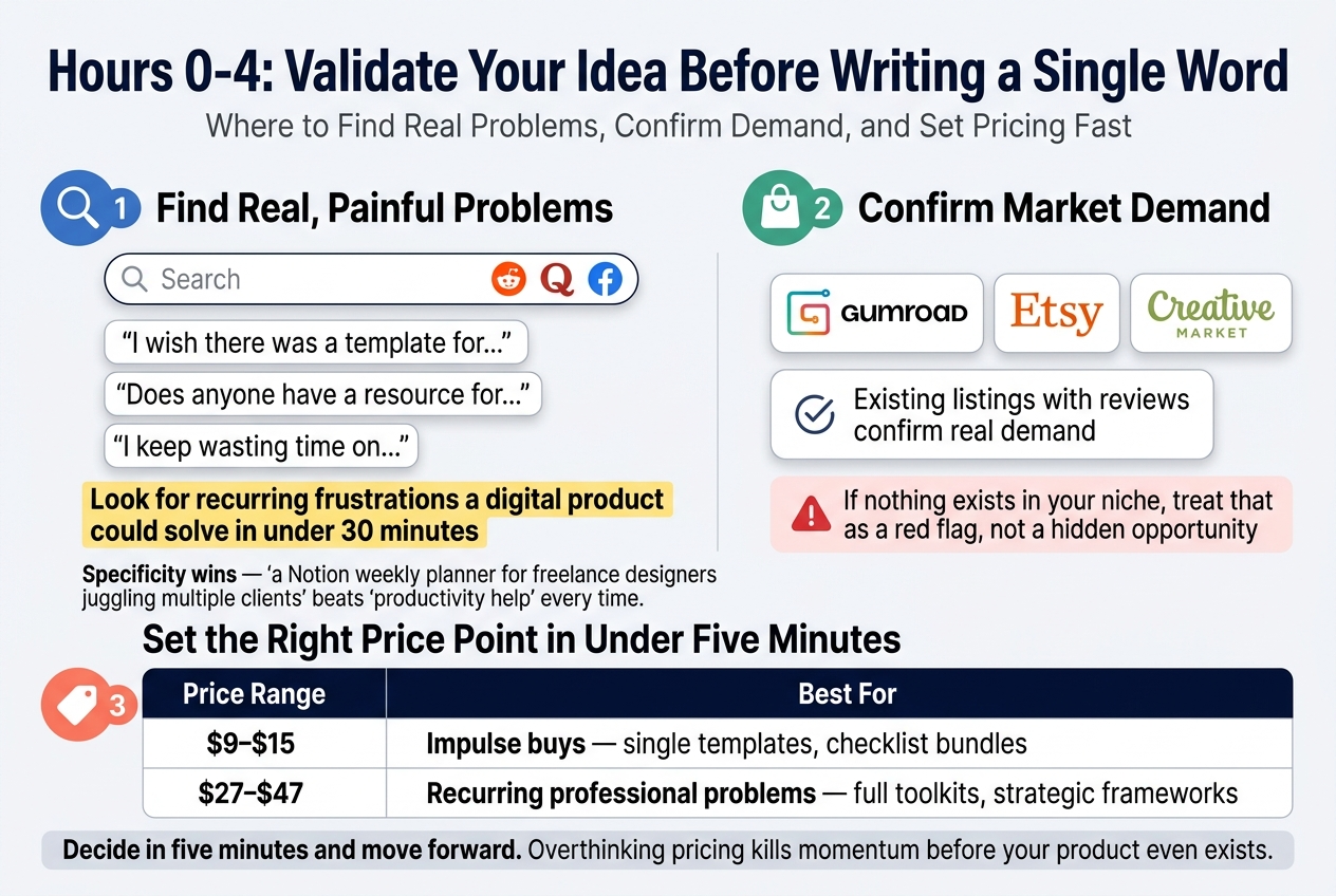 Create a full-bleed infographic illustration in a clean modern editorial style, aspect ratio 3:2, with a wide horizontal layout and no poster frame or inset margins. Use a white background with bold accents in navy blue, teal, warm yellow, and coral. Use a professional sans-serif font with strong hierarchy, crisp vector shapes, and subtle shadows.

TOP HEADER ACROSS FULL WIDTH:
Bold title in large navy text at the top center-left: "Hours 0-4: Validate Your Idea Before Writing a Single Word"
Small subtitle beneath in gray: "Where to Find Real Problems, Confirm Demand, and Set Pricing Fast"

SECTION 1 on the left half, labeled with a blue circle icon containing a magnifying glass and the number "1":
Header text: "Find Real, Painful Problems"
Include a search bar style graphic with small platform icons for Reddit, Quora, and Facebook Groups.
Show three quoted search phrases as stacked callouts:
"I wish there was a template for..."
"Does anyone have a resource for..."
"I keep wasting time on..."
Add a bold note in a yellow highlight box: "Look for recurring frustrations a digital product could solve in under 30 minutes"
Add a smaller emphasis line in dark text: "Specificity wins — 'a Notion weekly planner for freelance designers juggling multiple clients' beats 'productivity help' every time."

SECTION 2 in the center-right, labeled with a green circle icon containing a shopping bag and the number "2":
Header text: "Confirm Market Demand"
Show marketplace icons for Gumroad, Etsy, and Creative Market in a row.
Add a list-style callout with a checkmark icon: "Existing listings with reviews confirm real demand"
Add a red warning box with an exclamation icon: "If nothing exists in your niche, treat that as a red flag, not a hidden opportunity"

SECTION 3 along the lower full-width band, labeled with a coral circle icon containing a price tag and the number "3":
Header text: "Set the Right Price Point in Under Five Minutes"
Show a two-column pricing table with bold headers:
"Price Range" | "Best For"
"$9–$15" | "Impulse buys — single templates, checklist bundles"
"$27–$47" | "Recurring professional problems — full toolkits, strategic frameworks"
Add a bold closing line beneath the table in dark navy on a light gray strip: "Decide in five minutes and move forward. Overthinking pricing kills momentum before your product even exists."

Use clear visual hierarchy, bold section headers, simple icons, rounded cards, and ample spacing. Make the left section and center-right section sit side by side, with the pricing section spanning the bottom width. Keep all text sharp, legible, and exactly as written.