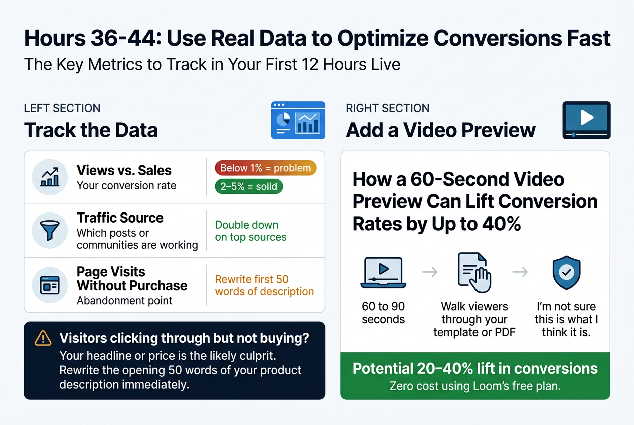 Create a full-bleed landscape infographic in 3:2 aspect ratio with a clean modern SaaS style, white background, dark navy typography, teal and blue accents, and subtle light-gray dividers. Use bold sans-serif fonts with strong hierarchy.

Top header across the full width:
Large bold title text: "Hours 36-44: Use Real Data to Optimize Conversions Fast"
Smaller subtitle beneath: "The Key Metrics to Track in Your First 12 Hours Live"

Main layout: two wide horizontal sections side by side, with the left section slightly larger than the right.

LEFT SECTION: "Track the Data"
Add a blue analytics dashboard icon near the section title.
Include a 3-row metric block with clear labels, short descriptions, and benchmark callouts, styled like a clean table with icons:
1. A chart icon next to bold text: "Views vs. Sales"
   Smaller text: "Your conversion rate"
   Benchmark pill in red/amber: "Below 1% = problem"
   Benchmark pill in green: "2–5% = solid"

2. A traffic funnel or source icon next to bold text: "Traffic Source"
   Smaller text: "Which posts or communities are working"
   Green callout text: "Double down on top sources"

3. A page/document icon next to bold text: "Page Visits Without Purchase"
   Smaller text: "Abandonment point"
   Orange callout text: "Rewrite first 50 words of description"

Below the table, add a bold highlighted note box with a warning icon:
"Visitors clicking through but not buying?"
"Your headline or price is the likely culprit."
"Rewrite the opening 50 words of your product description immediately."

RIGHT SECTION: "Add a Video Preview"
Add a play button icon inside a video frame.
Large bold subheading: "How a 60-Second Video Preview Can Lift Conversion Rates by Up to 40%"
Under it, create a simple 3-step visual flow with icons:
A laptop/video icon with text: "60 to 90 seconds"
A hand showing a template/PDF icon with text: "Walk viewers through your template or PDF"
A shield or reassurance icon with text: "I’m not sure this is what I think it is."

At the bottom of the right section, add a strong green result banner:
"Potential 20–40% lift in conversions"
Smaller supporting text: "Zero cost using Loom's free plan."

Use clean grid alignment, wide spacing, crisp vector shapes, minimal shadows, and professional data-visualization styling. Avoid decorative clutter. Make the infographic readable, balanced, and polished.