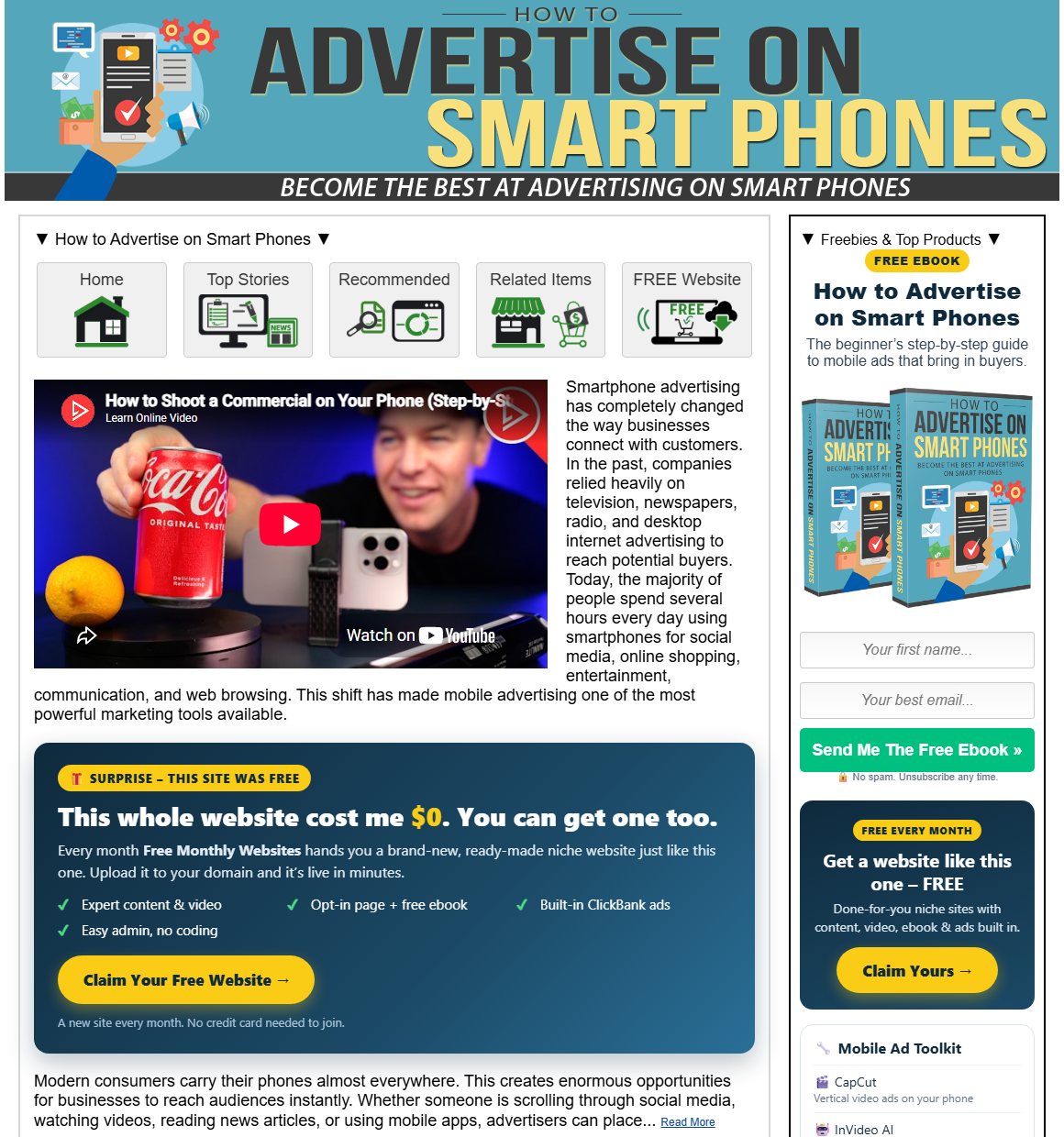 Free Monthly Websites example: the How to Advertise on Smart Phones site live on mariansweb.com